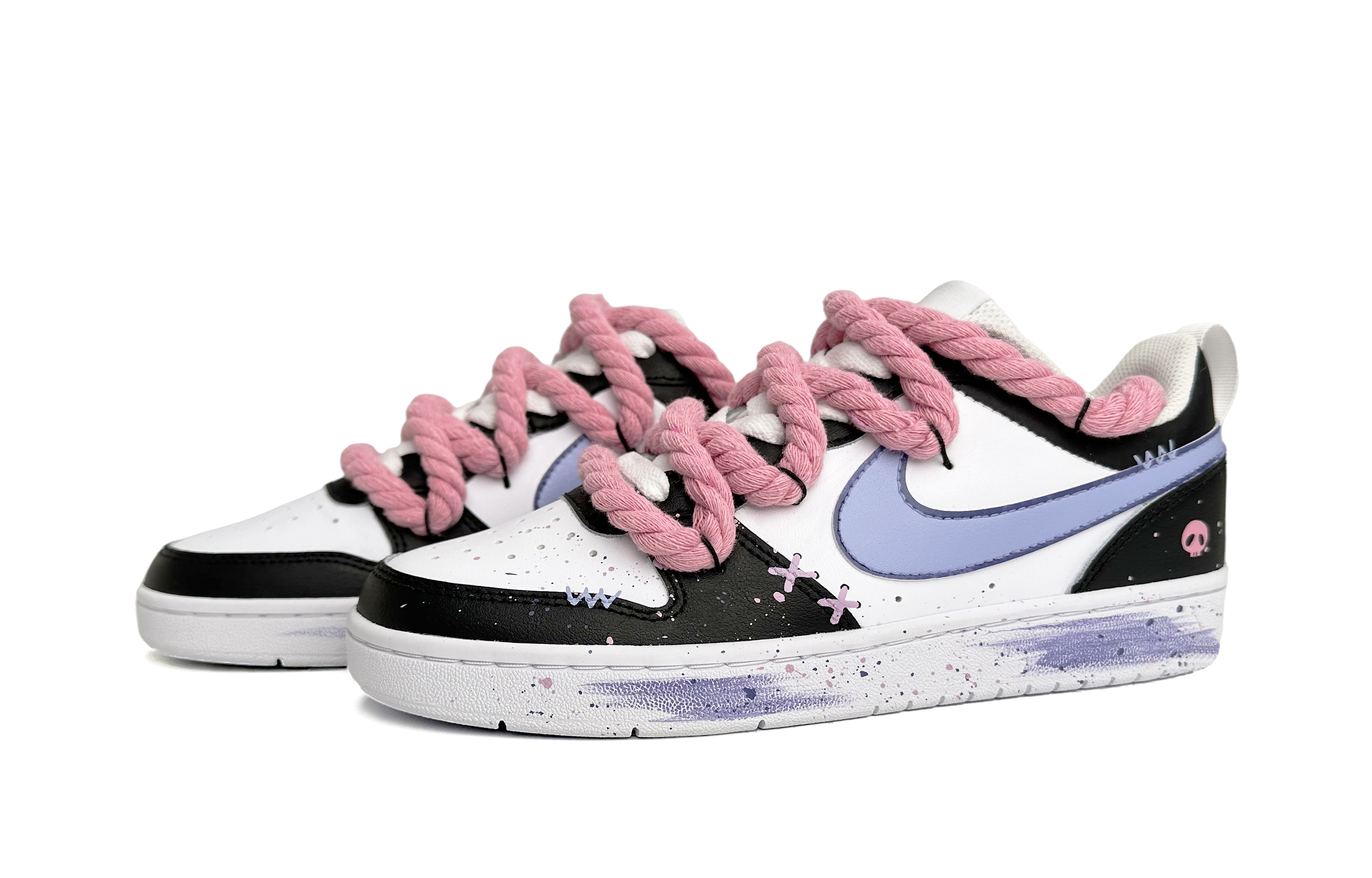 Lookbook 【客製化球鞋】 Nike Court Borough Low 2 塗鴉黑紫濺墨解構鞋帶 低筒 網球鞋 GS 黑紫