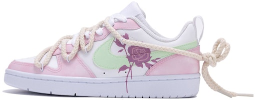 【定制球鞋】Nike Court Borough Low 2 CS 解構鞋帶 玫瑰 手繪噴繪 低幫 板鞋 GS 粉白 Buy 【定制球鞋】Nike Court Borough Low 2 CS 解構鞋帶 玫瑰 手繪噴繪 低幫 板鞋 GS 粉白