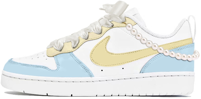 【訂製球鞋】 Nike Court Borough Low 2 復古珍珠 海鹽芒果冰 油畫風 絲綢 低筒 板鞋 GS 米藍黃 Buy 【訂製球鞋】 Nike Court Borough Low 2 復古珍珠 海鹽芒果冰 油畫風 絲綢 低筒 板鞋 GS 米藍黃