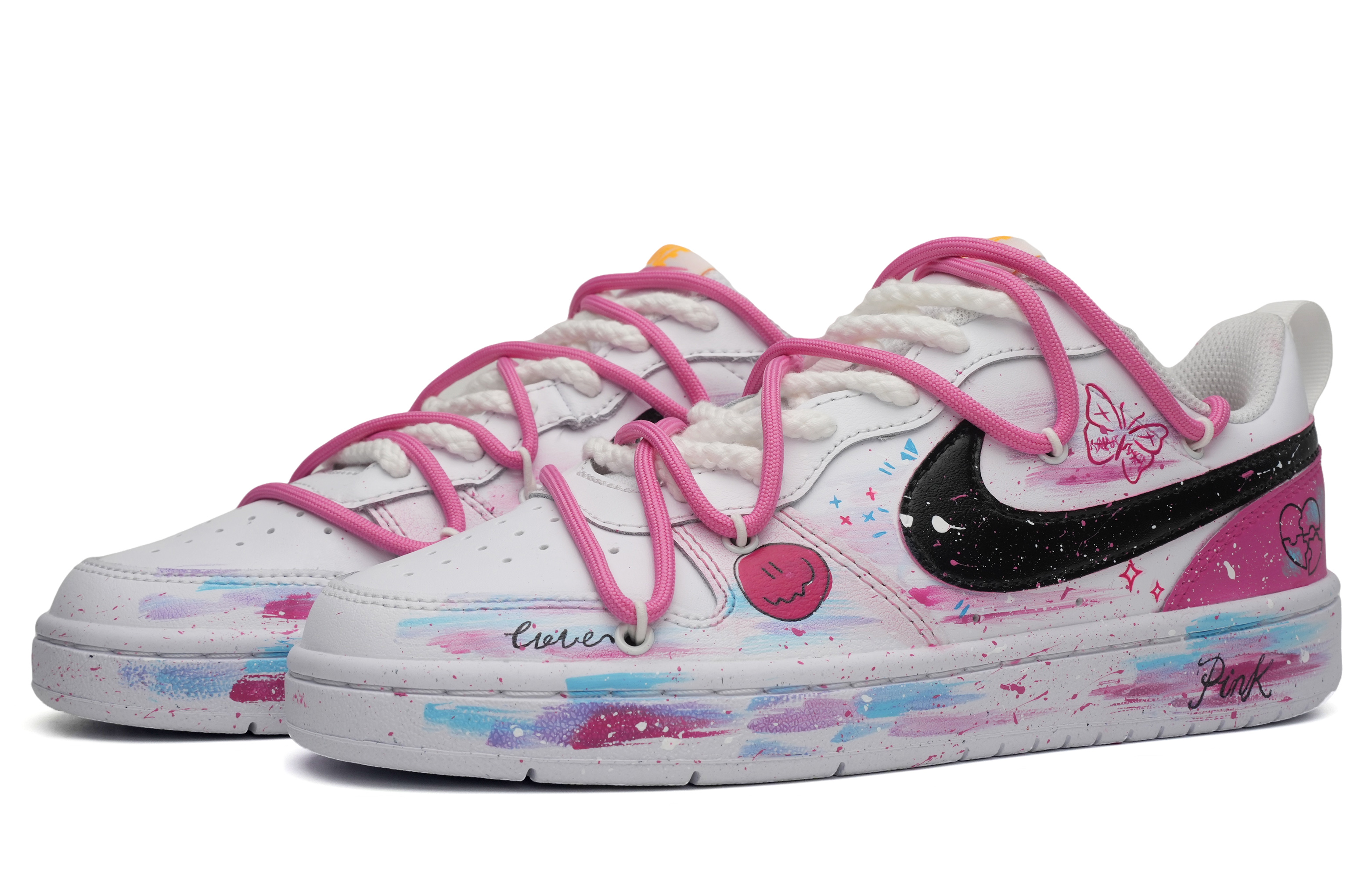Lookbook 【客製化球鞋】 Nike Court Borough Low 2 夢幻夏日 多巴胺 潑墨塗鴉 低筒 板鞋 GS 粉白