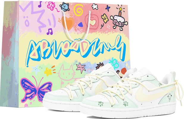 【訂製球鞋】Nike Court Borough Low 2 ABLOODING 森林童話系列 甜筒小狗 解構撞色 低筒 板鞋 GS 淺綠色 Buy 【訂製球鞋】Nike Court Borough Low 2 ABLOODING 森林童話系列 甜筒小狗 解構撞色 低筒 板鞋 GS 淺綠色