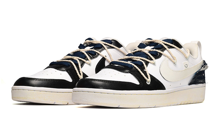Lookbook [Sepatu Custom] Nike Court Borough Low 2 'Denim Vintage Smiley Hitam Putih' BQ5448-100(TeamE-女款笑脸布贴黑白QD)