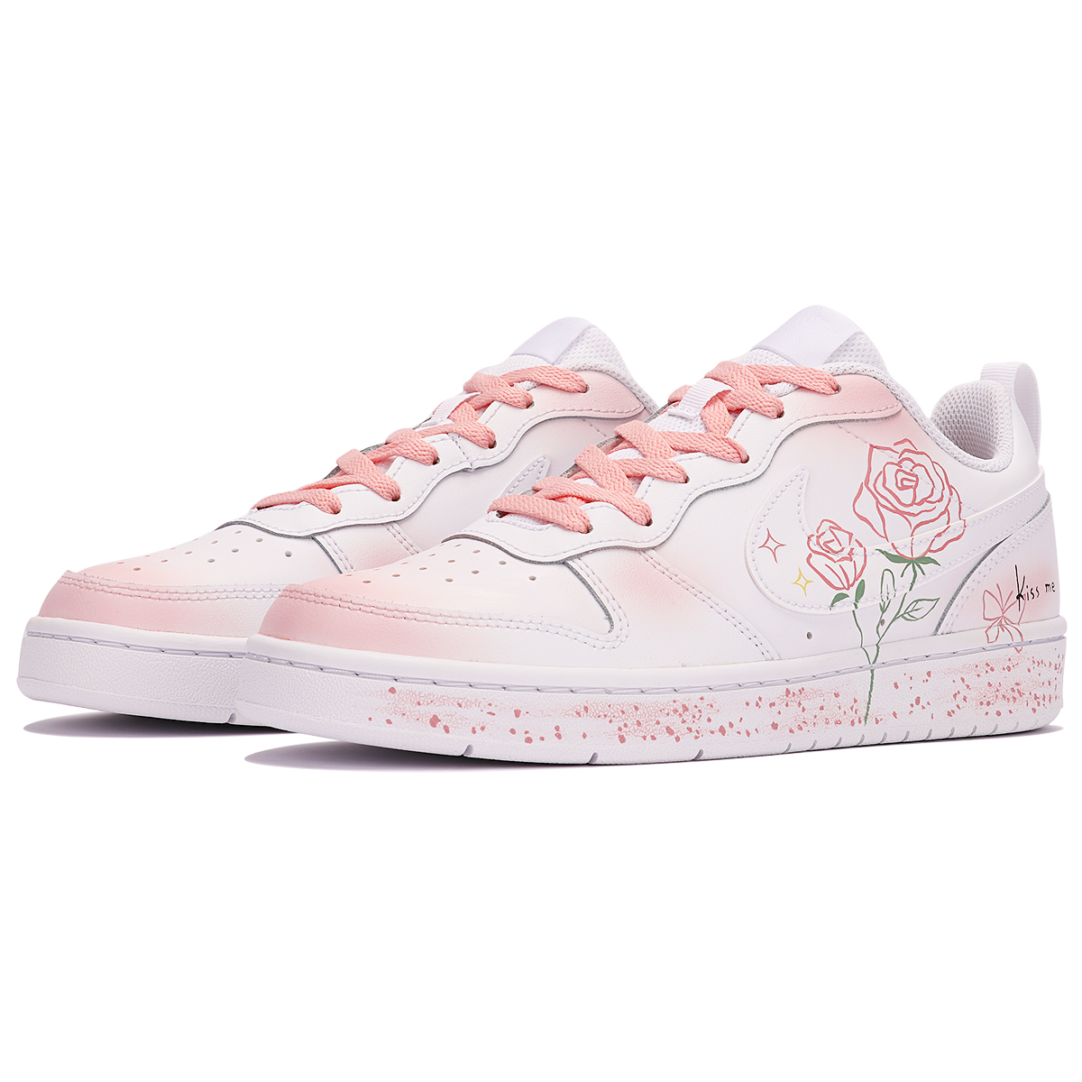 Lookbook 【定製球鞋】Nike Court Borough Low 2 原野玫瑰 浪漫情侶 潑墨 塗鴉 低幫 板鞋 GS 粉白