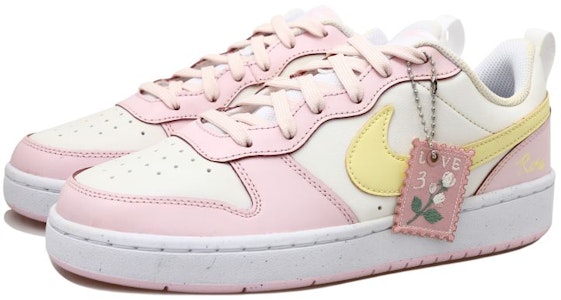 【訂製球鞋】Nike Court Borough 2 黃色玫瑰 掛飾 可愛 做舊 字體 低筒 板鞋 GS 白粉 黃色 Lookbook 【訂製球鞋】Nike Court Borough 2 黃色玫瑰 掛飾 可愛 做舊 字體 低筒 板鞋 GS 白粉 黃色