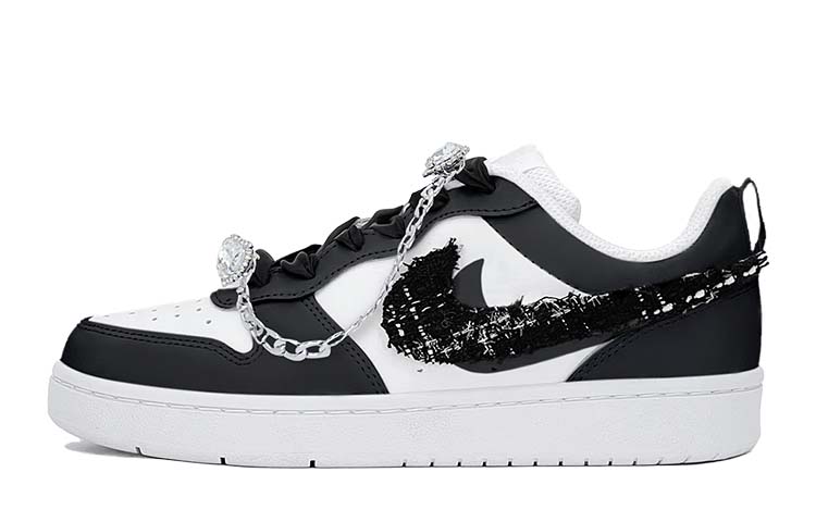 Buy 【定制球鞋】 Nike Court Borough 優雅小香風 水晶愛心鍊條 絲質鞋帶 休閒 低筒 板鞋 GS 黑白