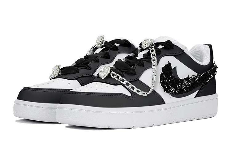 Lookbook 【定制球鞋】 Nike Court Borough 優雅小香風 水晶愛心鍊條 絲質鞋帶 休閒 低筒 板鞋 GS 黑白