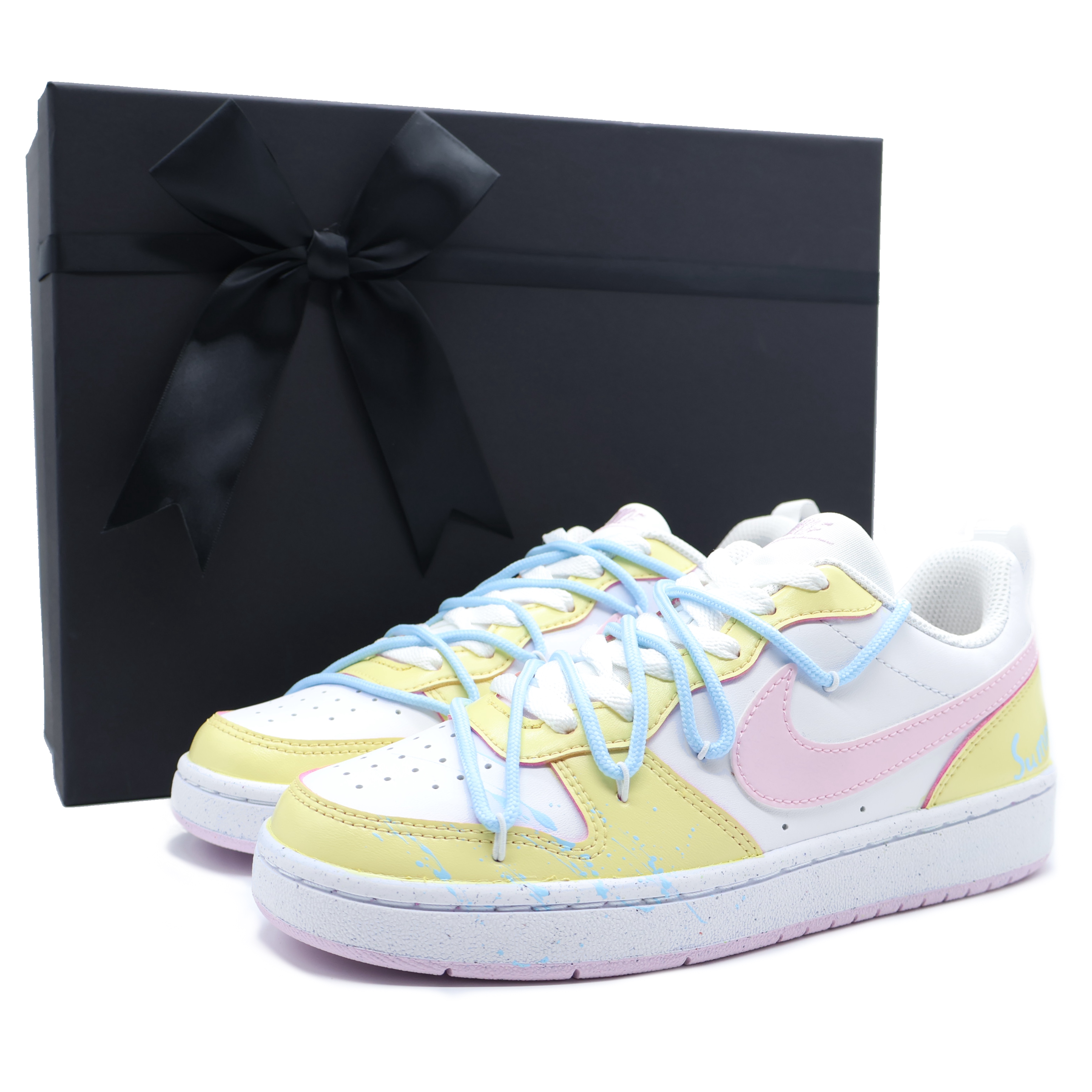 Buy 【訂製球鞋】 Nike Court Borough 海鹽起司 解構 多巴胺 英文字母 塗鴉 禮盒 潑墨 潮流舒適 休閒百搭 低筒 板鞋 GS 黃色