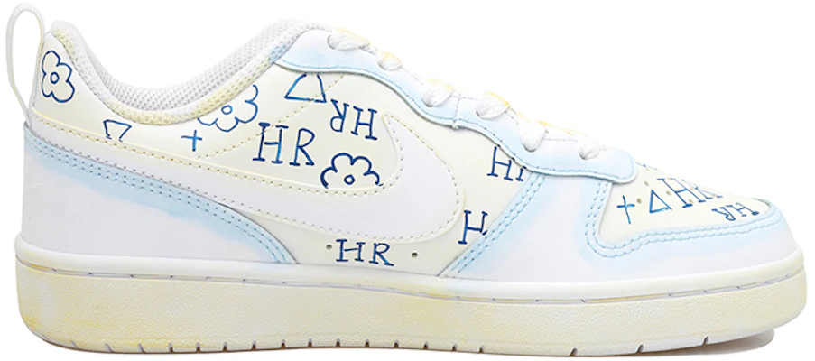 【定制球鞋】Nike Court Borough 塗鴉 小花 做舊 低幫 板鞋 GS 白藍黃 Order 【定制球鞋】Nike Court Borough 塗鴉 小花 做舊 低幫 板鞋 GS 白藍黃