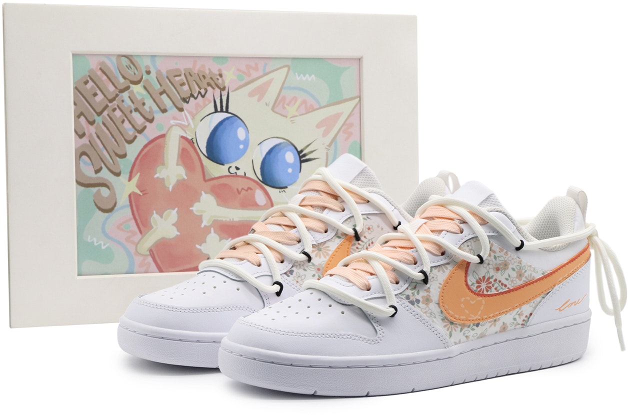 custom-shoes-nike-court-borough-low-white-orange-floral