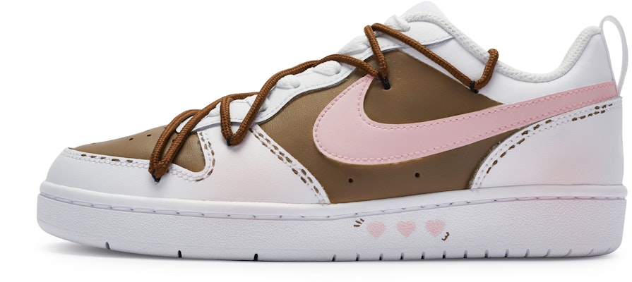 【訂製球鞋】Nike Court Borough 811製造 線條心動 少女 甜美 手繪噴繪 防滑 低筒 板鞋 GS 白粉棕 Buy 【訂製球鞋】Nike Court Borough 811製造 線條心動 少女 甜美 手繪噴繪 防滑 低筒 板鞋 GS 白粉棕