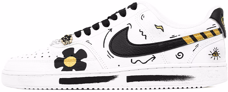 custom-shoes-nike-court-vision-low-graffiti-robot-sunflower-chain-white-black-gold