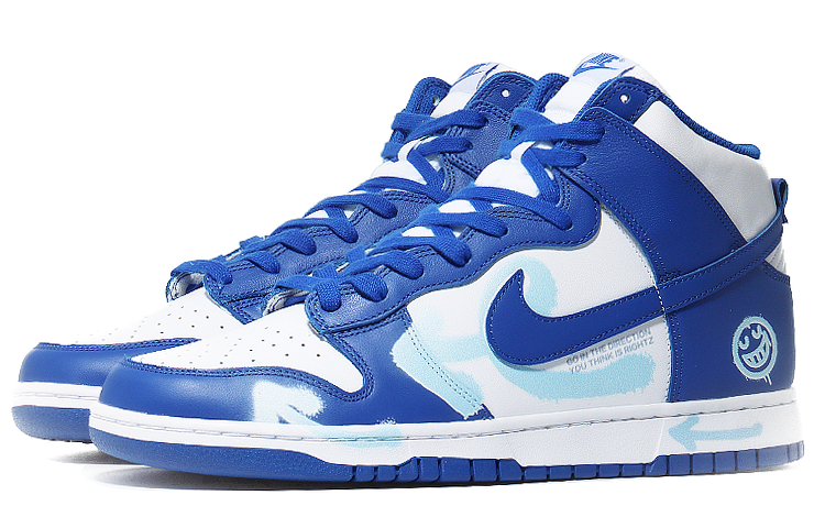 Lookbook 【訂製球鞋】Nike Dunk High 塗鴉笑臉 創意潮流 防滑輕便 高幫 板鞋 男女同款 白藍