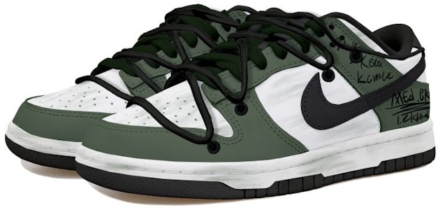 【定制球鞋】 Nike Dunk Low 做舊 深綠塗鴉 字體 解構風 潮流復古 低幫 板鞋 GS 白黑綠 Lookbook 【定制球鞋】 Nike Dunk Low 做舊 深綠塗鴉 字體 解構風 潮流復古 低幫 板鞋 GS 白黑綠