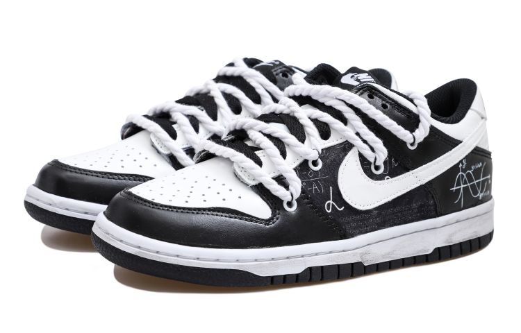Lookbook 【訂製球鞋】Nike Dunk Low 極簡 數學 函數 做舊 白麻繩 解構風 貼布 低幫 板鞋 GS 黑白