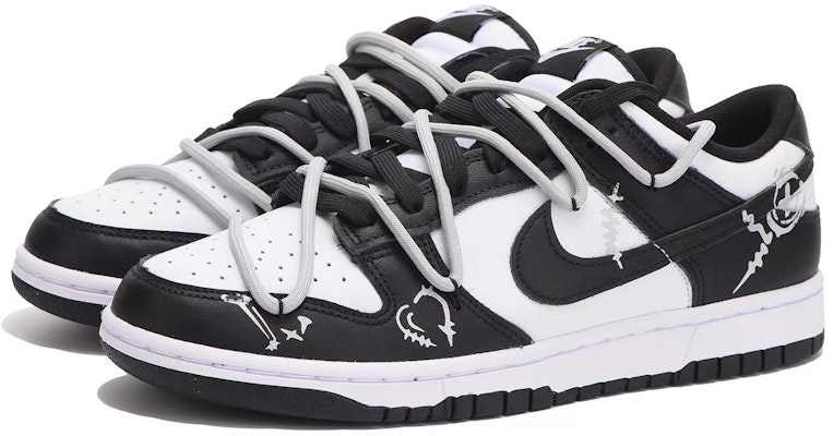 【訂製球鞋】 Nike Dunk Low 流行補丁 復古塗鴉 解構鞋帶 簡約 低筒 滑板鞋 GS 黑白灰 Lookbook 【訂製球鞋】 Nike Dunk Low 流行補丁 復古塗鴉 解構鞋帶 簡約 低筒 滑板鞋 GS 黑白灰