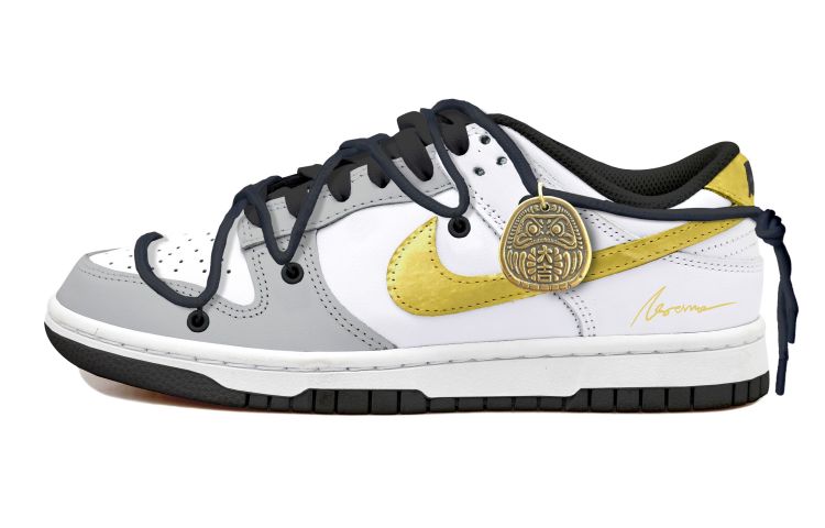 Buy [Kasut Custom] Nike Dunk Low 'Hitam Putih Kelabu dengan Gold Swoosh' DD1391-100(Team拾玖-大吉多金男S-BOX)