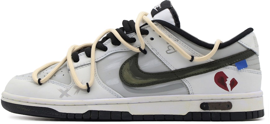 【訂製球鞋】Nike Dunk Low 心碎 高街戶外 個性小眾 解構雙鞋帶 復古做舊 低筒 板鞋 GS 灰白黑 Buy 【訂製球鞋】Nike Dunk Low 心碎 高街戶外 個性小眾 解構雙鞋帶 復古做舊 低筒 板鞋 GS 灰白黑