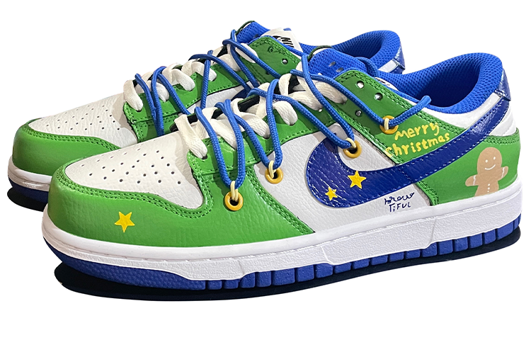 Shop [Sneakers Kustom] Nike Dunk Low 'Gingerbread Natal Dilukis Biru Hijau' FD9064-110(TeamD-男女款姜饼)
