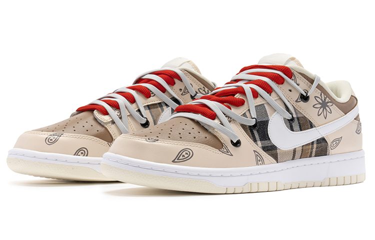 Lookbook [Custom Shoes] Nike Dunk Low 'Crane Cashew Flower Checks Deconstructed Double Laces - Brown White'