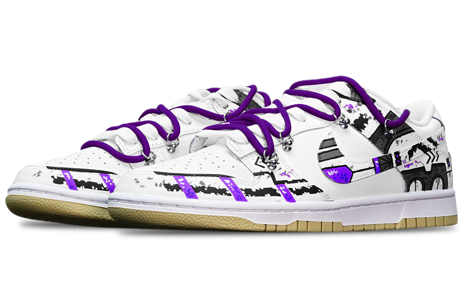 Lookbook [Kasut Custom] Nike Dunk Low 'Cyberpunk Gundam Deconstructed Hitam Putih Ungu' DV0833-100(TeamT-战损III白紫S-BOX)