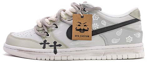 【訂製球鞋】Nike Dunk Low vibe訂製 做舊 解構鞋帶 哥特腰果花 高街 拼接 十字架 情侶 復古 耐磨 低幫 板鞋 GS 白灰 Buy 【訂製球鞋】Nike Dunk Low vibe訂製 做舊 解構鞋帶 哥特腰果花 高街 拼接 十字架 情侶 復古 耐磨 低幫 板鞋 GS 白灰
