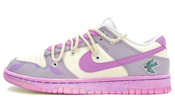 custom-shoes-nike-dunk-low-deconstructed-lace-purple-feather-and-swallow-embroidery