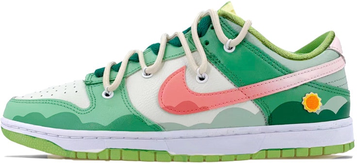 custom-shoes-nike-dunk-low-deconstructed-laces-gradient-clouds-embroidered-sun-pink-white-green