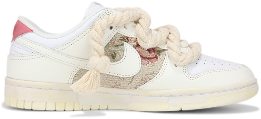 【訂製球鞋】Nike Dunk Low 解構綁帶 玫瑰貼布 氧化做舊 高級 休閒 低幫 板鞋 男款 粉白 Order 【訂製球鞋】Nike Dunk Low 解構綁帶 玫瑰貼布 氧化做舊 高級 休閒 低幫 板鞋 男款 粉白