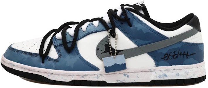 【訂製球鞋】Nike Dunk Low 深海迷蹤 布貼飾品 墨汁解構風 字母 低筒 板鞋 GS 白灰藍 Buy 【訂製球鞋】Nike Dunk Low 深海迷蹤 布貼飾品 墨汁解構風 字母 低筒 板鞋 GS 白灰藍