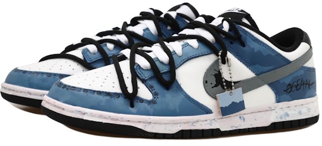 【訂製球鞋】Nike Dunk Low 深海迷蹤 布貼飾品 墨汁解構風 字母 低筒 板鞋 GS 白灰藍 Lookbook 【訂製球鞋】Nike Dunk Low 深海迷蹤 布貼飾品 墨汁解構風 字母 低筒 板鞋 GS 白灰藍