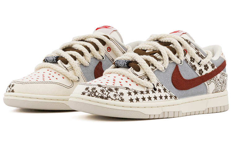 Lookbook [定制鞋] 耐克 Dunk Low '丹宁佩斯利花星解构复古麻本色棕色' DV0834-100(Team肆-男款灰咖腰果花A)