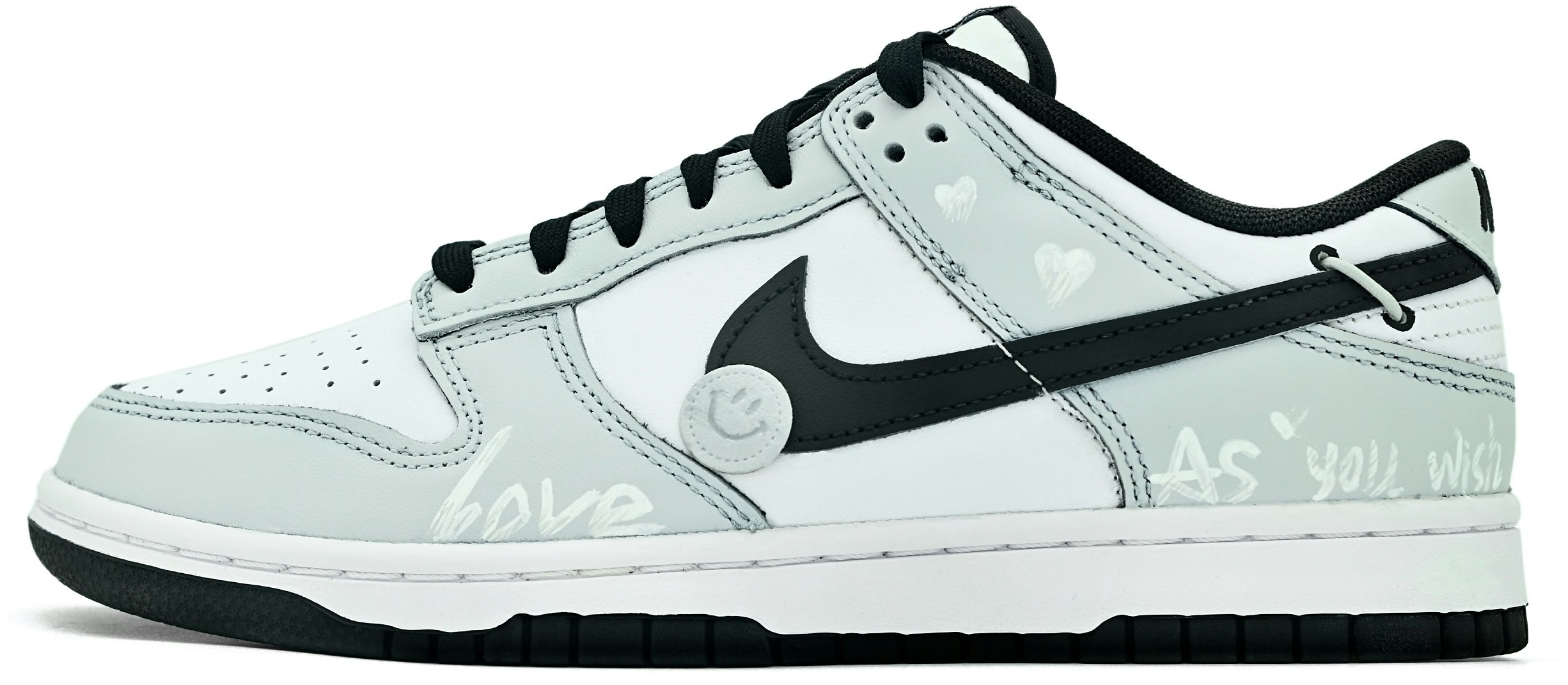 custom-shoes-nike-dunk-low-grey-white-black-heart-smile-deconstructed