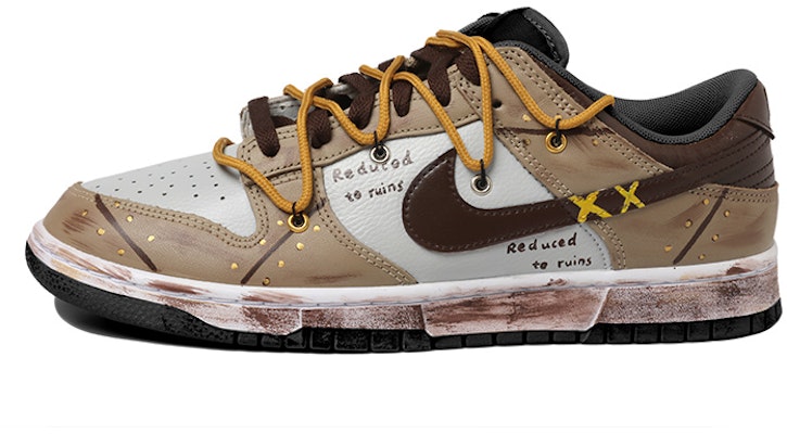 【定制球鞋】Nike Dunk Low 卡其棕 解構風 復古 做舊 Vibe風 刮痕 雙X 字母 低幫 板鞋 GS 棕白 Order 【定制球鞋】Nike Dunk Low 卡其棕 解構風 復古 做舊 Vibe風 刮痕 雙X 字母 低幫 板鞋 GS 棕白