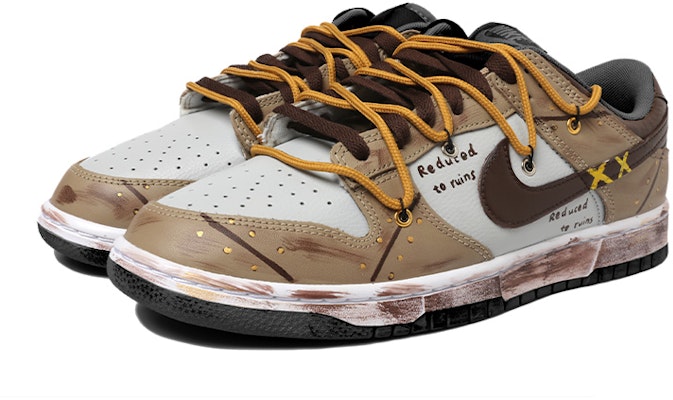 【定制球鞋】Nike Dunk Low 卡其棕 解構風 復古 做舊 Vibe風 刮痕 雙X 字母 低幫 板鞋 GS 棕白 Shop 【定制球鞋】Nike Dunk Low 卡其棕 解構風 復古 做舊 Vibe風 刮痕 雙X 字母 低幫 板鞋 GS 棕白