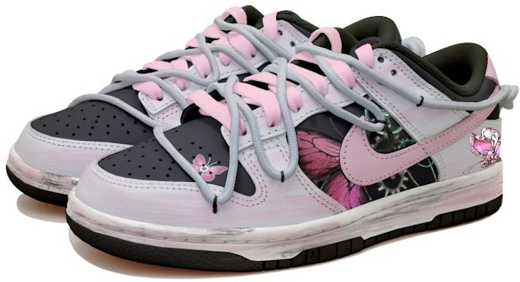 【訂製球鞋】Nike Dunk Low 做舊 機械蝴蝶 暈染 解構鞋帶 禮盒 低筒 板鞋 GS 黑粉灰 Lookbook 【訂製球鞋】Nike Dunk Low 做舊 機械蝴蝶 暈染 解構鞋帶 禮盒 低筒 板鞋 GS 黑粉灰