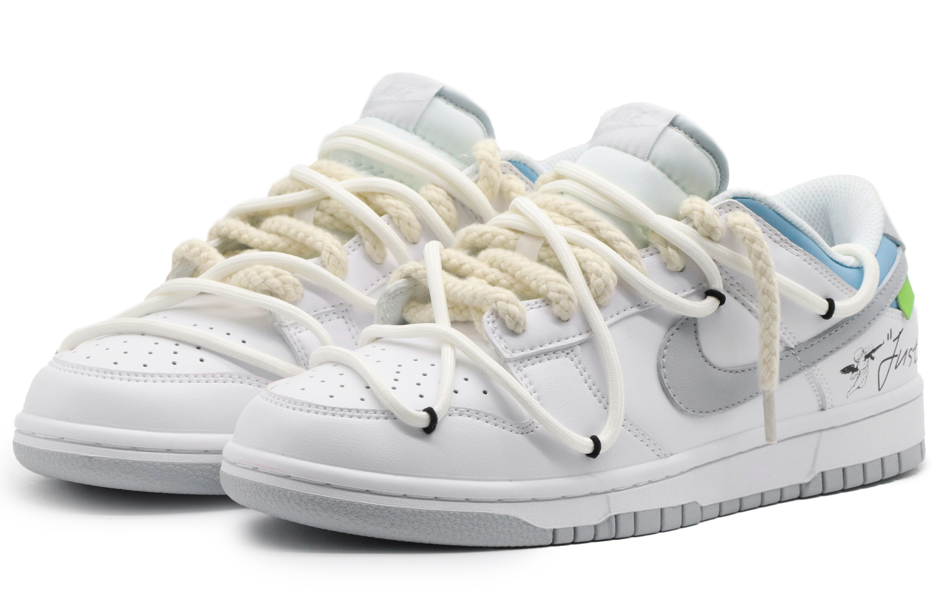 Lookbook 【定制球鞋】 Nike Dunk Low 薄荷一夏 戶外穿搭 高街風 復古做舊 麻繩解構 低幫 板鞋 男款 灰白藍