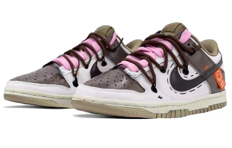 Shop [Sepatu Kustom] Nike Dunk Low 'Mocha White Canvas Smile' DJ6188-200(TeamK-男款摩卡笑脸S-BOX)
