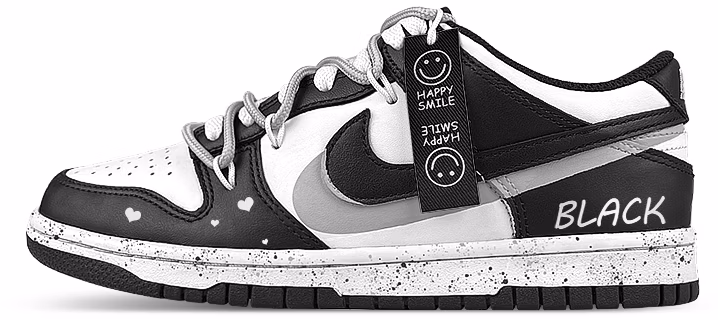 custom-shoes-nike-dunk-low-panda-smiley-face-black-patch-heart-splatters-graffiti-deconstructed-black-white-grey