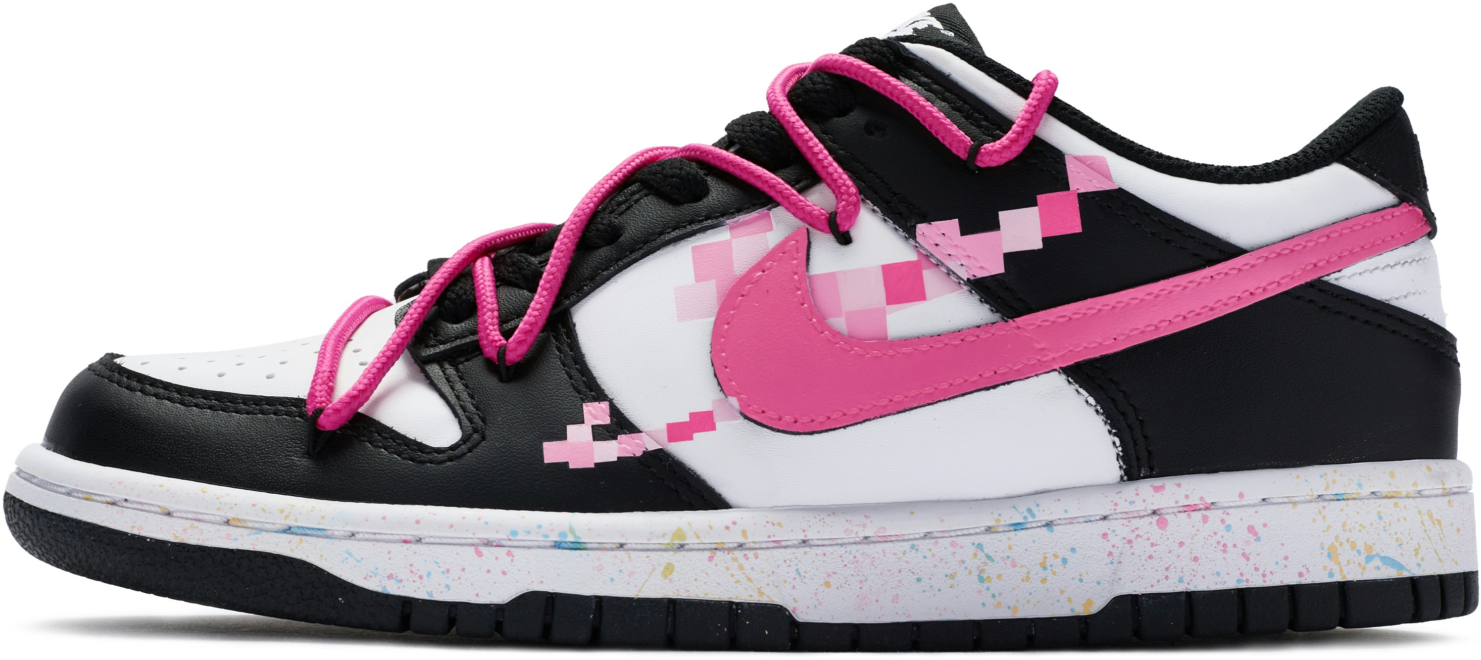 custom-shoes-nike-dunk-low-pink-power-three-swoosh-pixel-deconstructed-hand-painted-pink-black-white