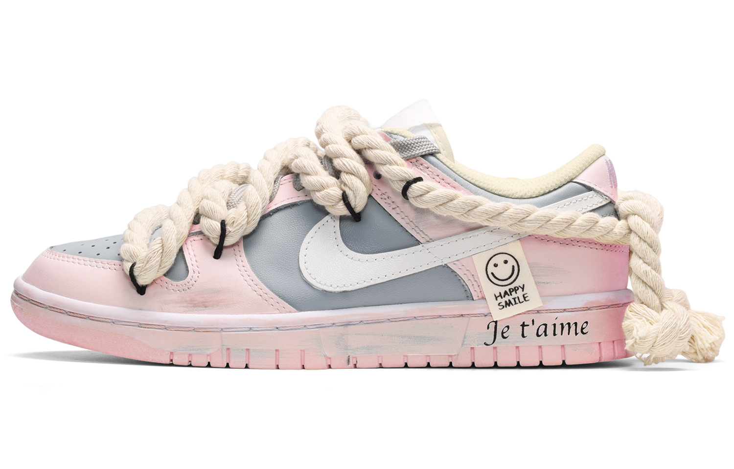 Buy 【訂製球鞋】Nike Dunk Low 復古做舊 麻繩綁帶 笑臉布貼 低筒 板鞋 男款 粉白灰