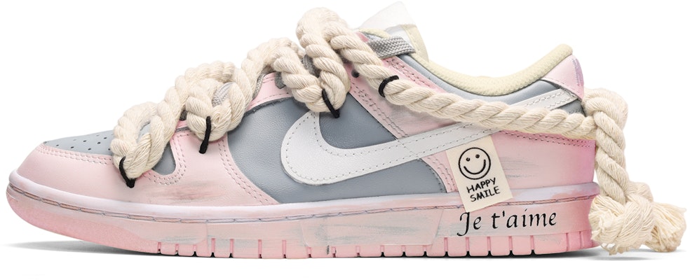 【訂製球鞋】Nike Dunk Low 復古做舊 麻繩綁帶 笑臉布貼 低筒 板鞋 男款 粉白灰 Buy 【訂製球鞋】Nike Dunk Low 復古做舊 麻繩綁帶 笑臉布貼 低筒 板鞋 男款 粉白灰