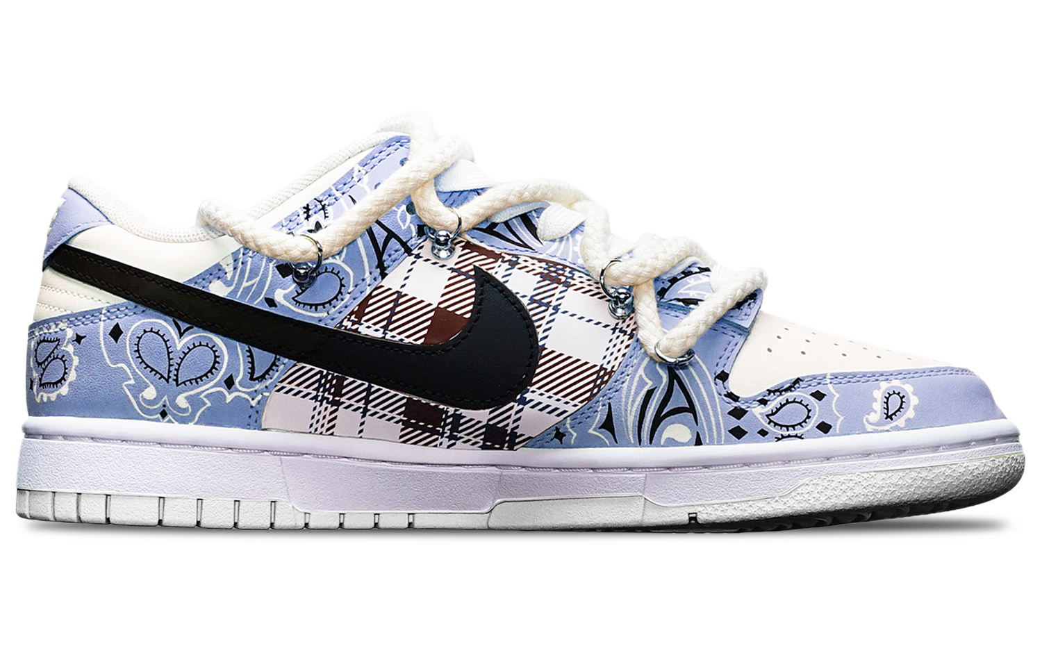 Order 【訂製球鞋】Nike Dunk Low TS 格紋腰果花 貼皮 解構雙鞋帶 低筒 復古板鞋 保暖減震 低筒 板鞋 GS 藍紫白