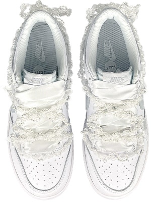 【訂製球鞋】Nike Dunk Low 純愛芭蕾 解構 蝴蝶結 蕾絲花邊綁帶 防滑減震 低筒 板鞋 GS 白灰 Shop 【訂製球鞋】Nike Dunk Low 純愛芭蕾 解構 蝴蝶結 蕾絲花邊綁帶 防滑減震 低筒 板鞋 GS 白灰