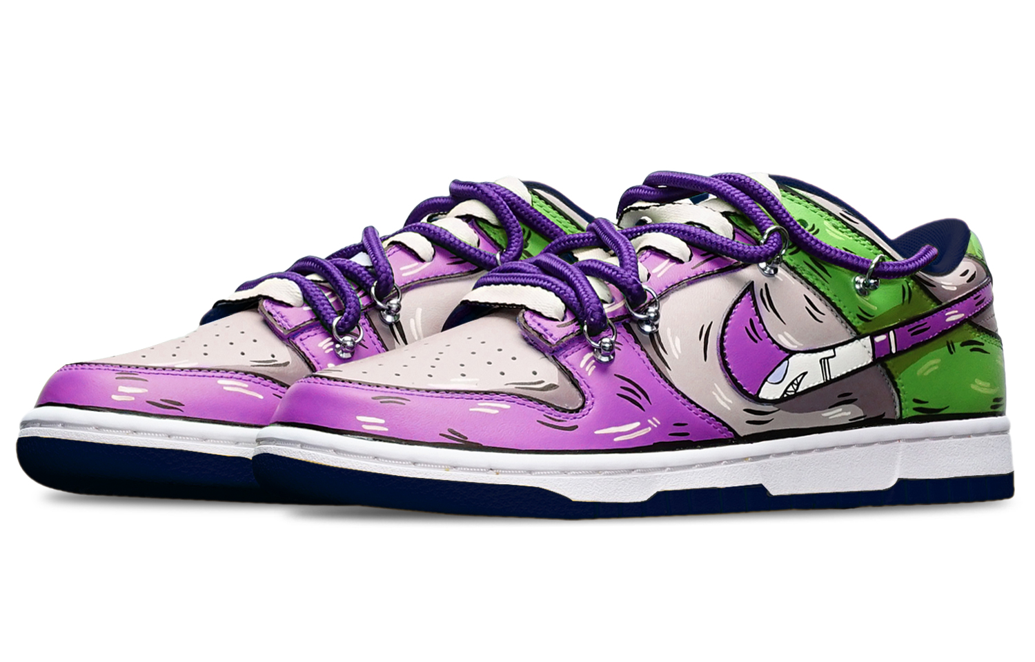 Lookbook 【カスタムシューズ】ナイキ ダンク ロー 'シャーク スウッシュ 解体 紫-灰-緑' DH9765-300(TeamT-鲨鱼紫灰绿女S-BOX)
