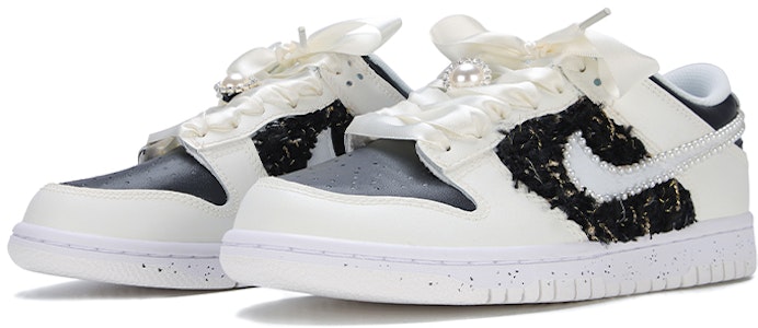 【定制球鞋】Nike Dunk Low 絲綢鞋帶 小香風 貼皮 毛呢 女神節禮物 珍珠 低幫 板鞋 GS 黑白 Lookbook 【定制球鞋】Nike Dunk Low 絲綢鞋帶 小香風 貼皮 毛呢 女神節禮物 珍珠 低幫 板鞋 GS 黑白