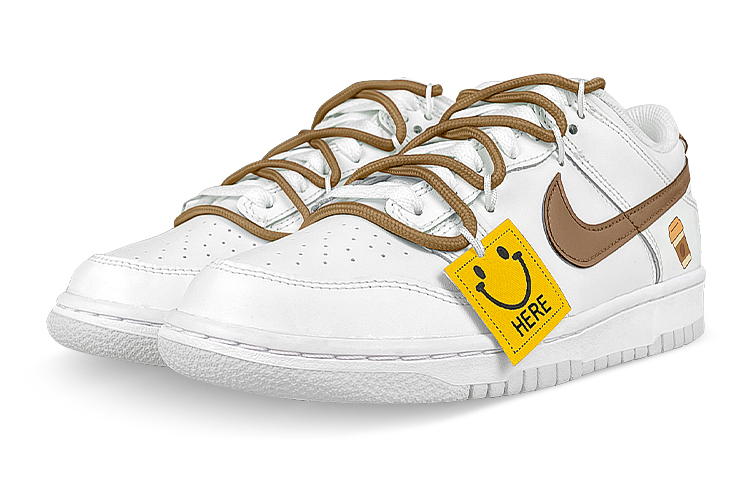 Lookbook 【台灣風尚】Nike Dunk 低筒 解構雙鞋帶 笑臉布章 摩卡咖啡 襪子 禮盒款 白棕色 男士滑板鞋