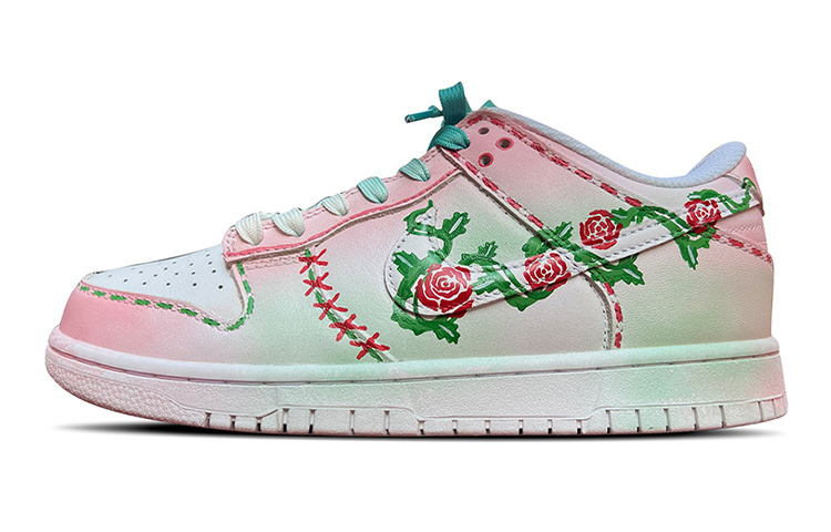 [Custom Shoes] Nike Dunk Low 'Thorn Rose Gradient with Red Velvet Laces and Hand-painted Graffiti'