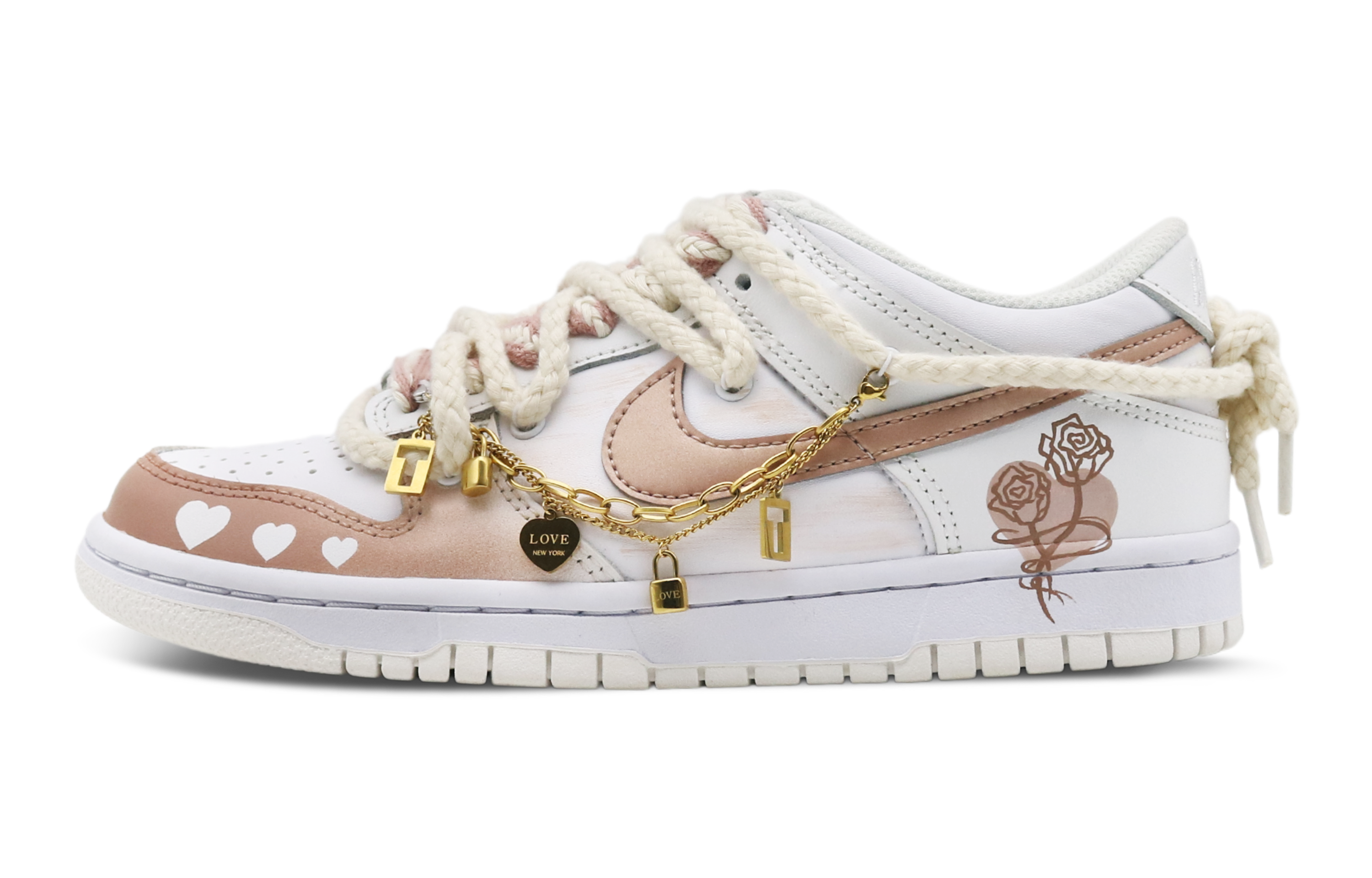 Buy 【客製化球鞋】Nike Dunk Low 玫瑰鎖愛 氣質女孩 高貴溫柔 鏈條 解構鞋帶 低幫 板鞋 GS 暖粉色
