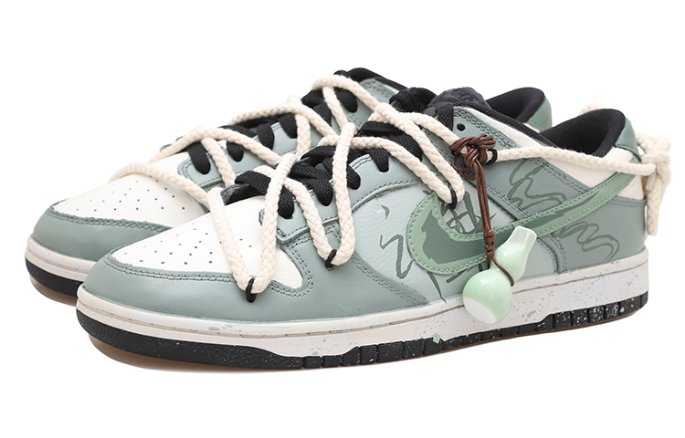 Lookbook 【訂製籃球鞋】 Nike Dunk Low 中華風 禪意 葫蘆 麻繩 解構風 潑墨 做舊 低筒 板鞋 男款 白綠