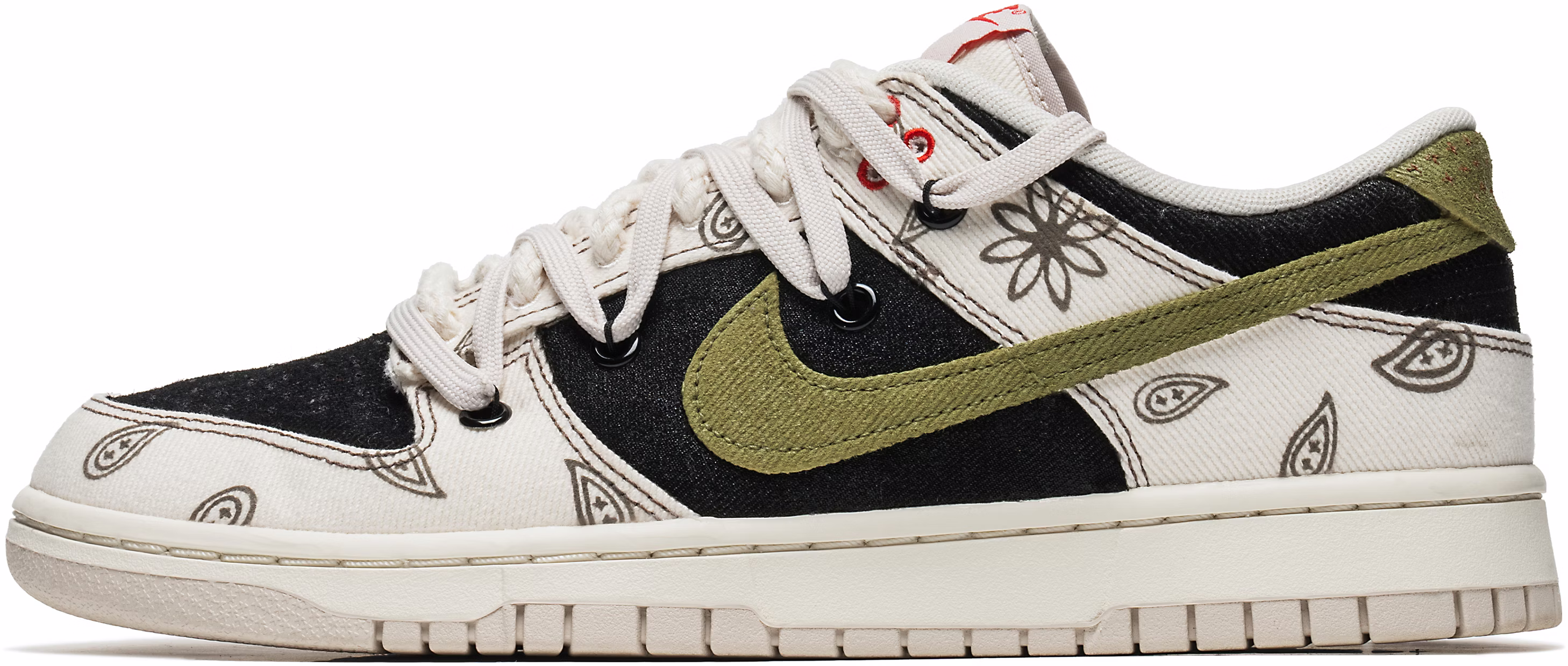 custom-shoes-nike-dunk-low-black-green-cashew-flower-deconstructed-suede